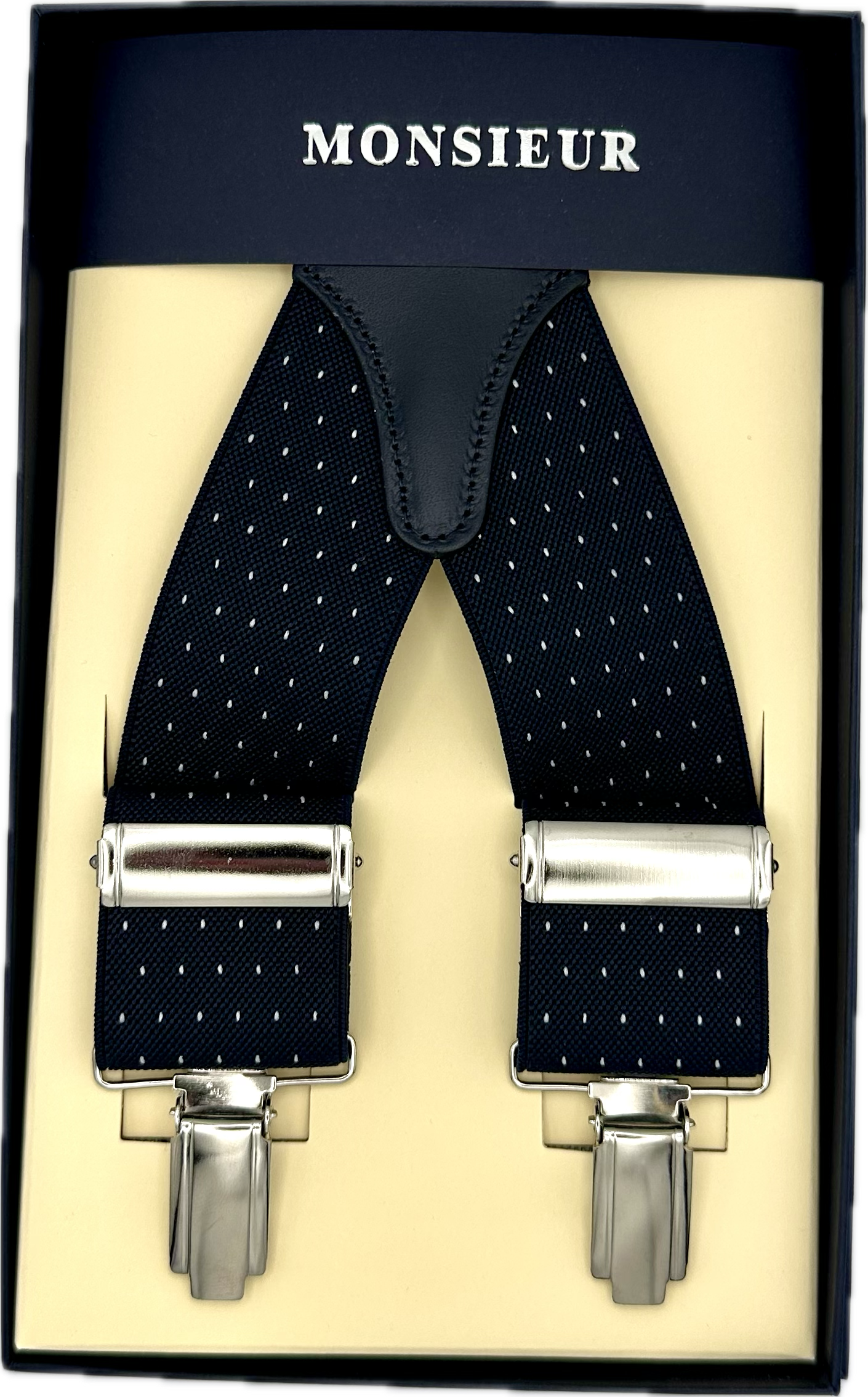 Bretelle elastico clip navy micro pois bianco Monsieur