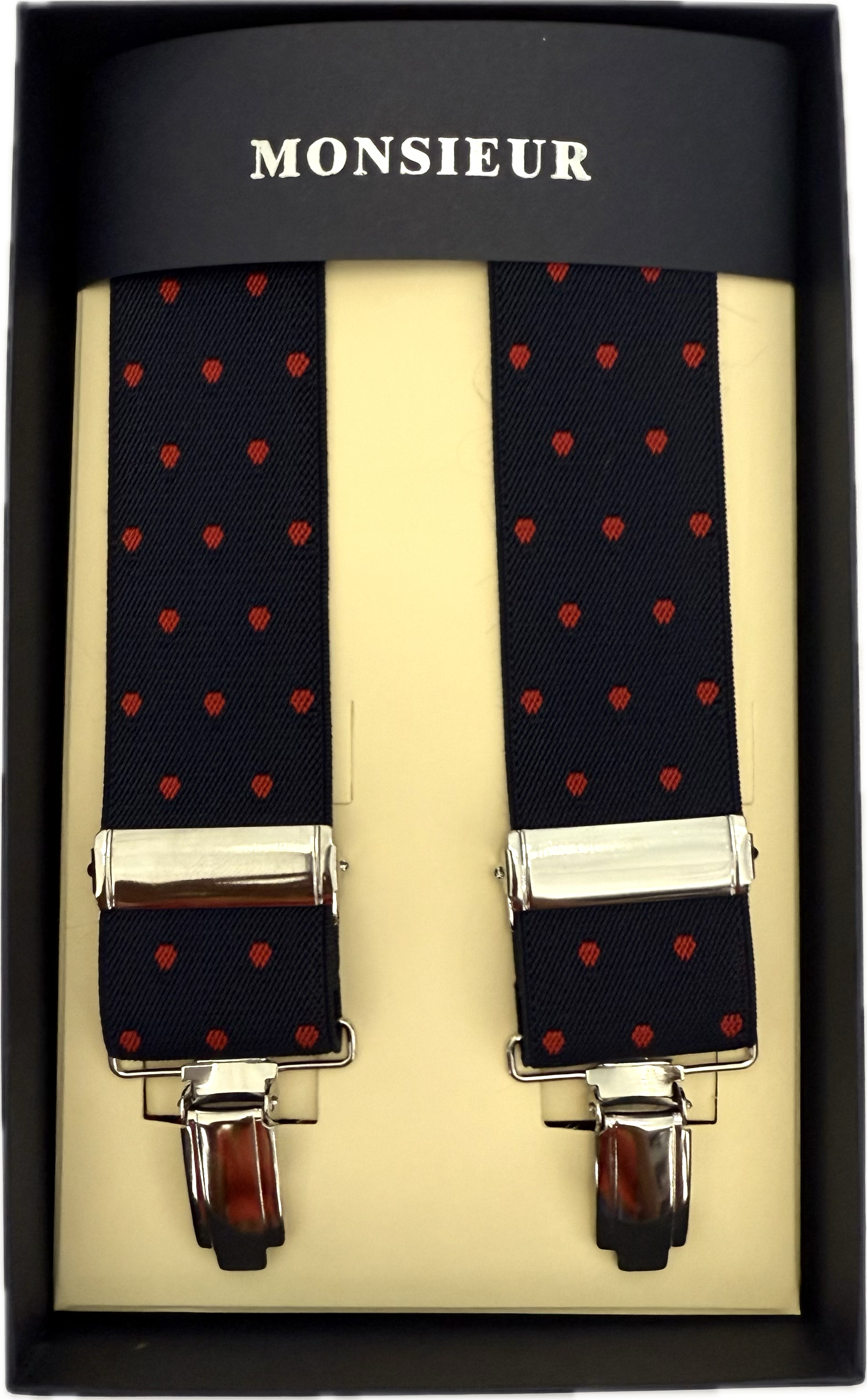 Bretelle elastico clip blu pois rossi Monsieur