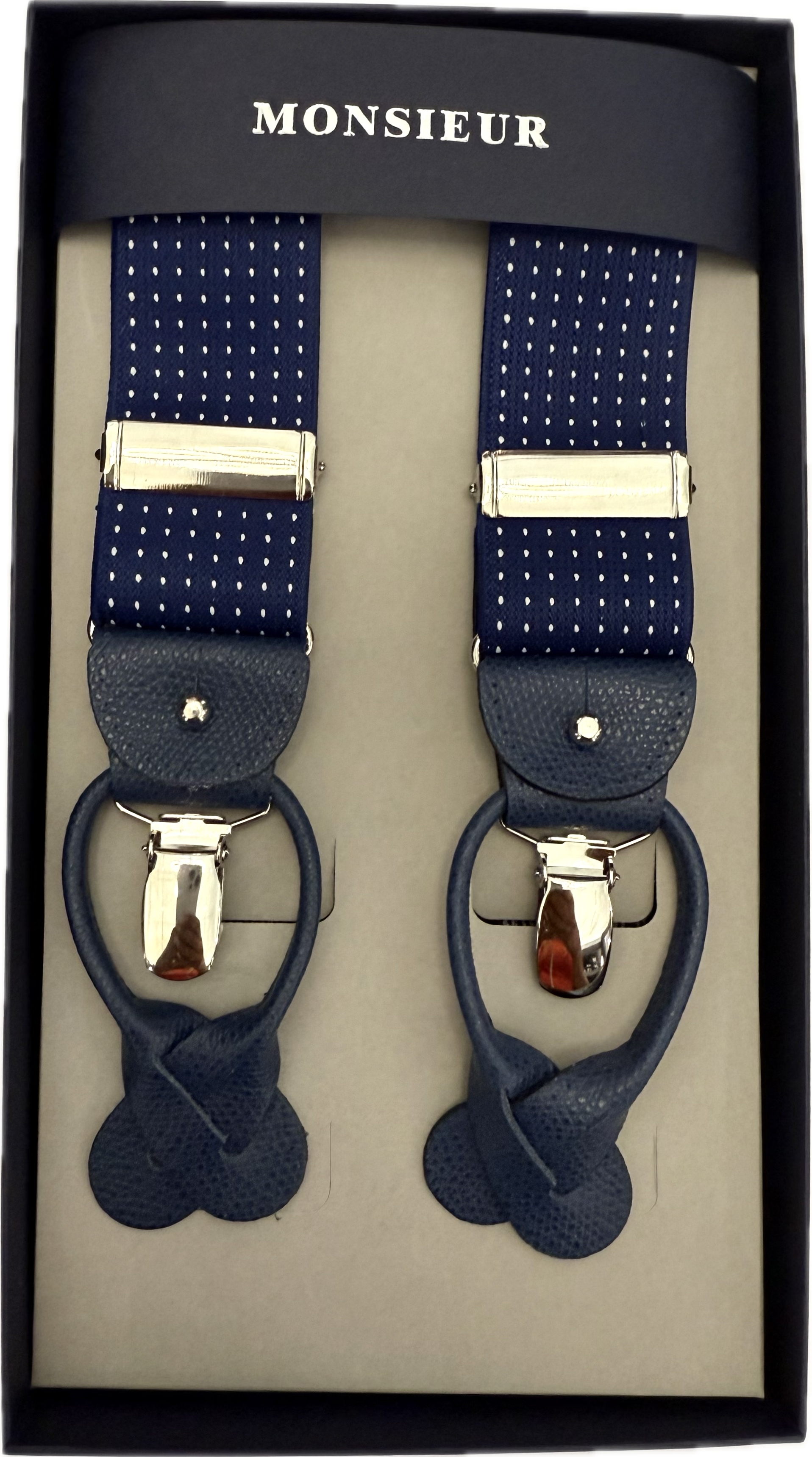 Bretelle blu chiaro micro pois bianchi Monsieur