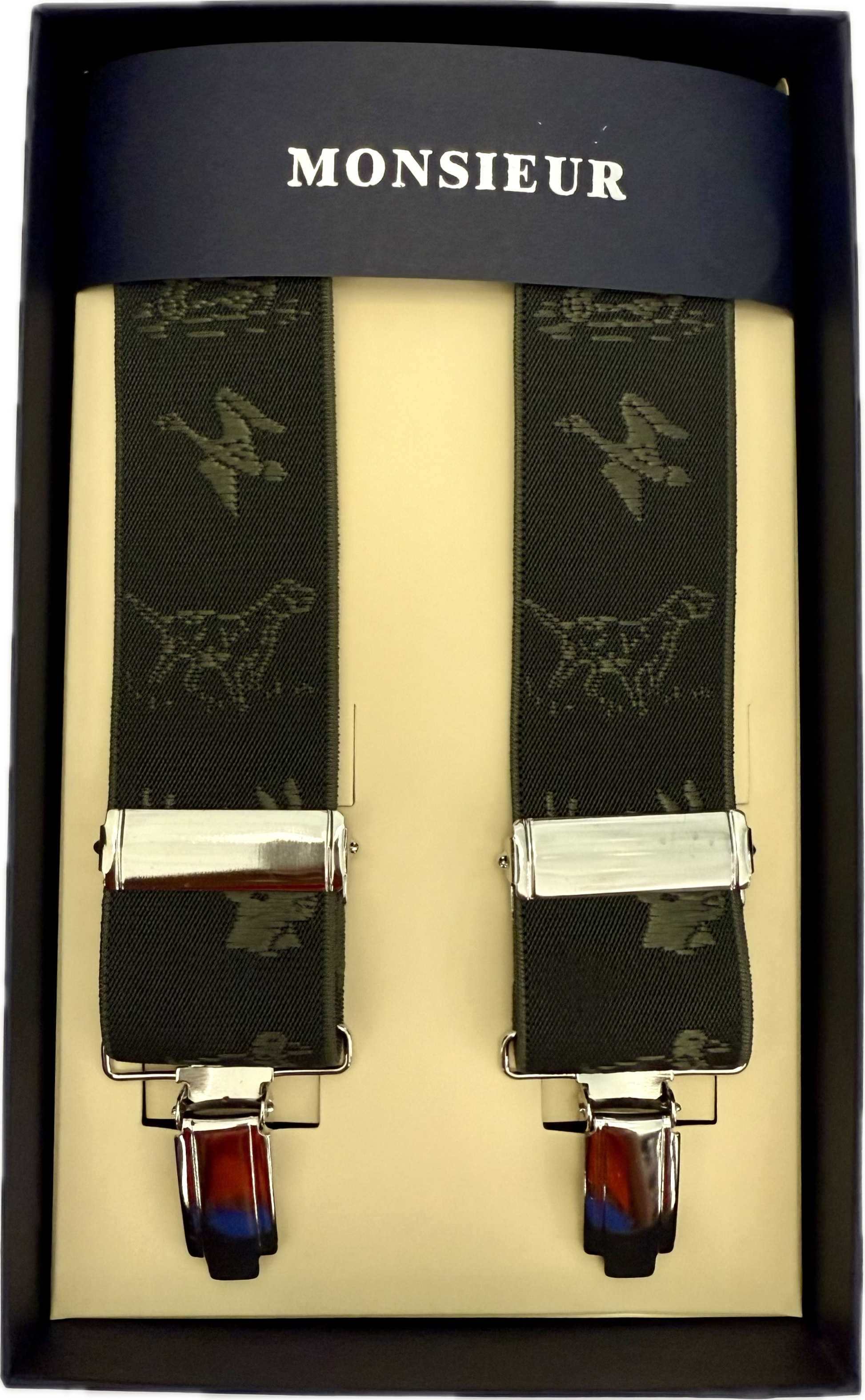 Bretelle elastico clip fantasia alce verde oliva Monsieur