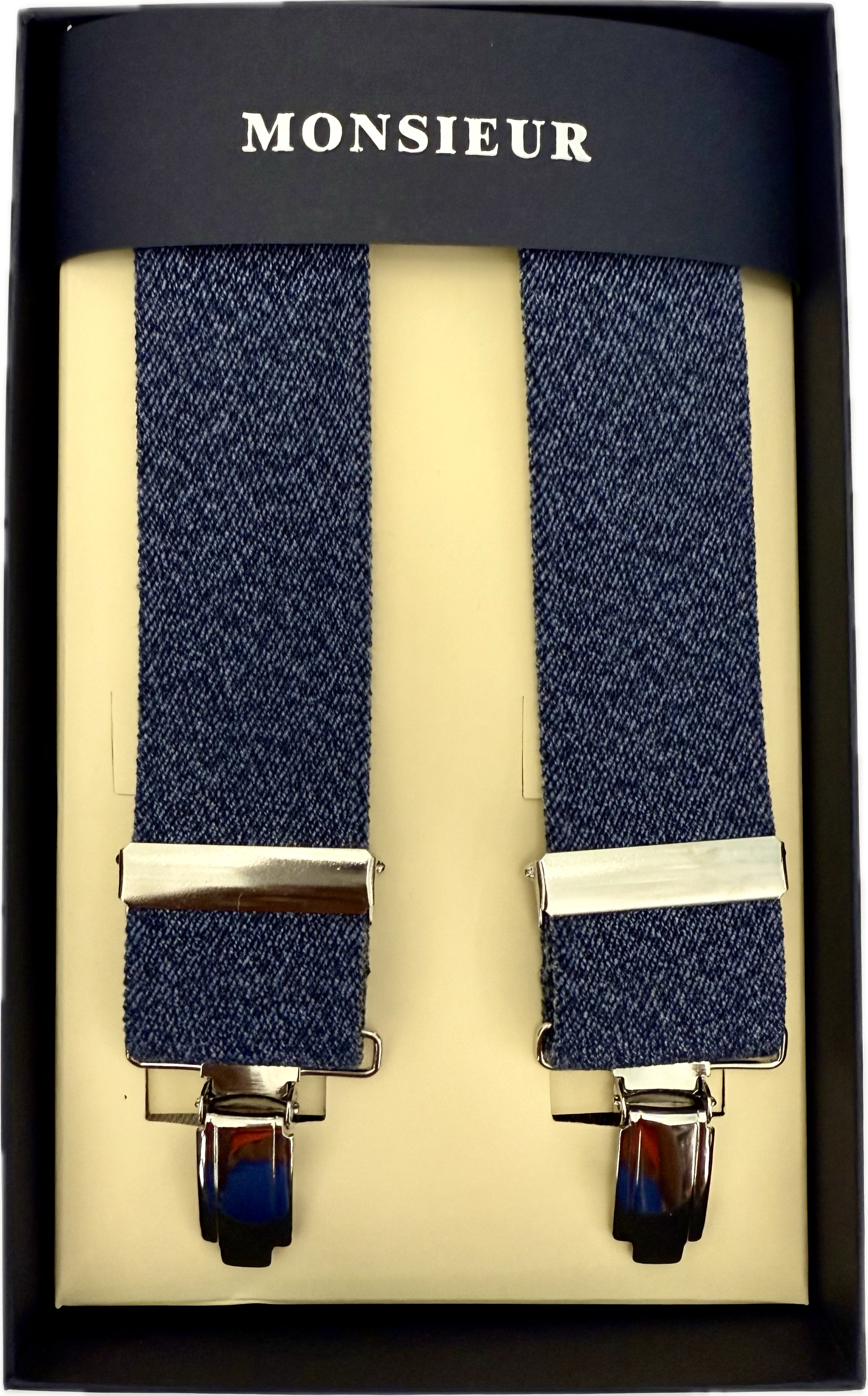 Bretelle elastico clip tinta unita denim blue Monsieur