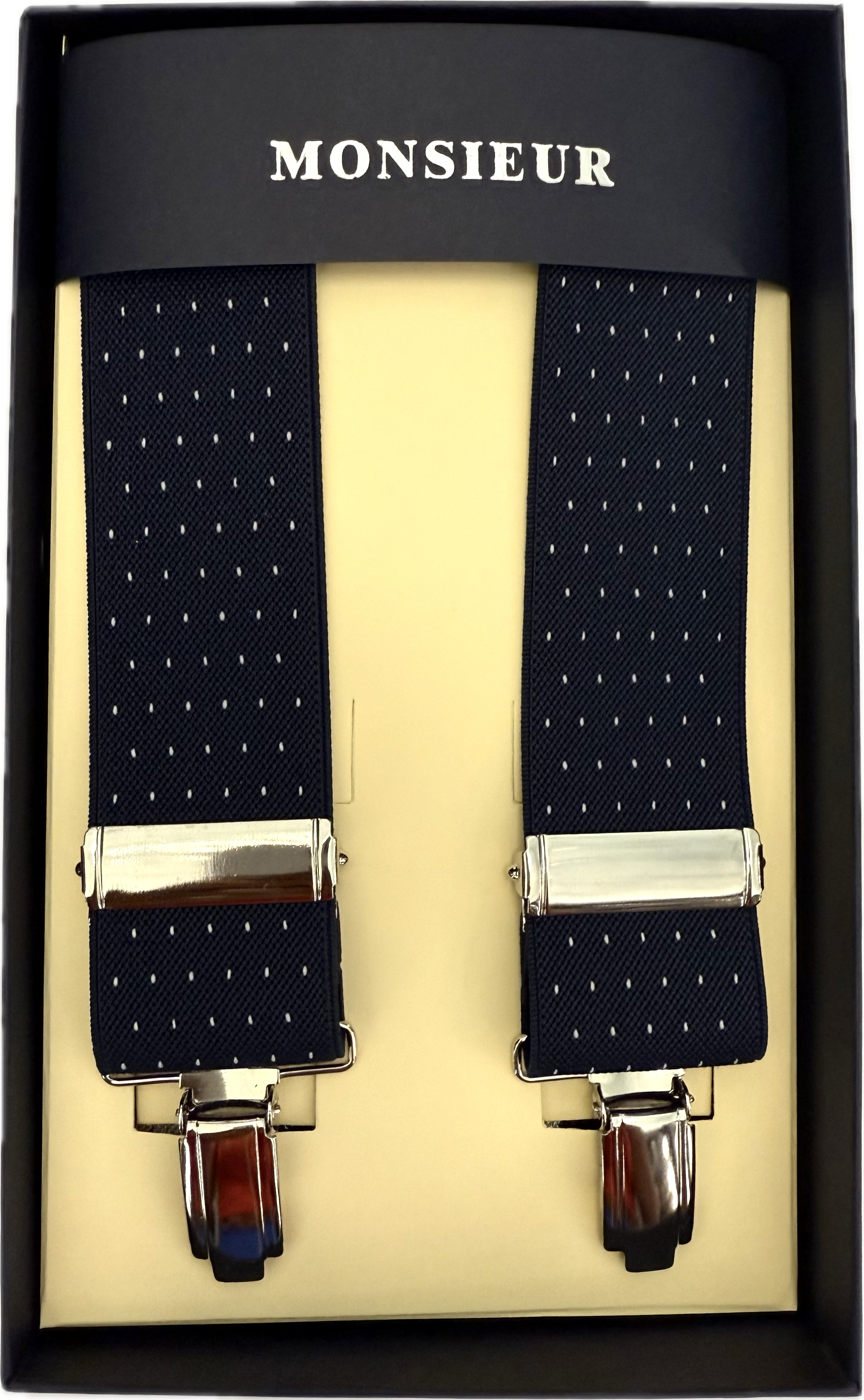 Bretelle elastico clip blu micro pois bianchi Monsieur