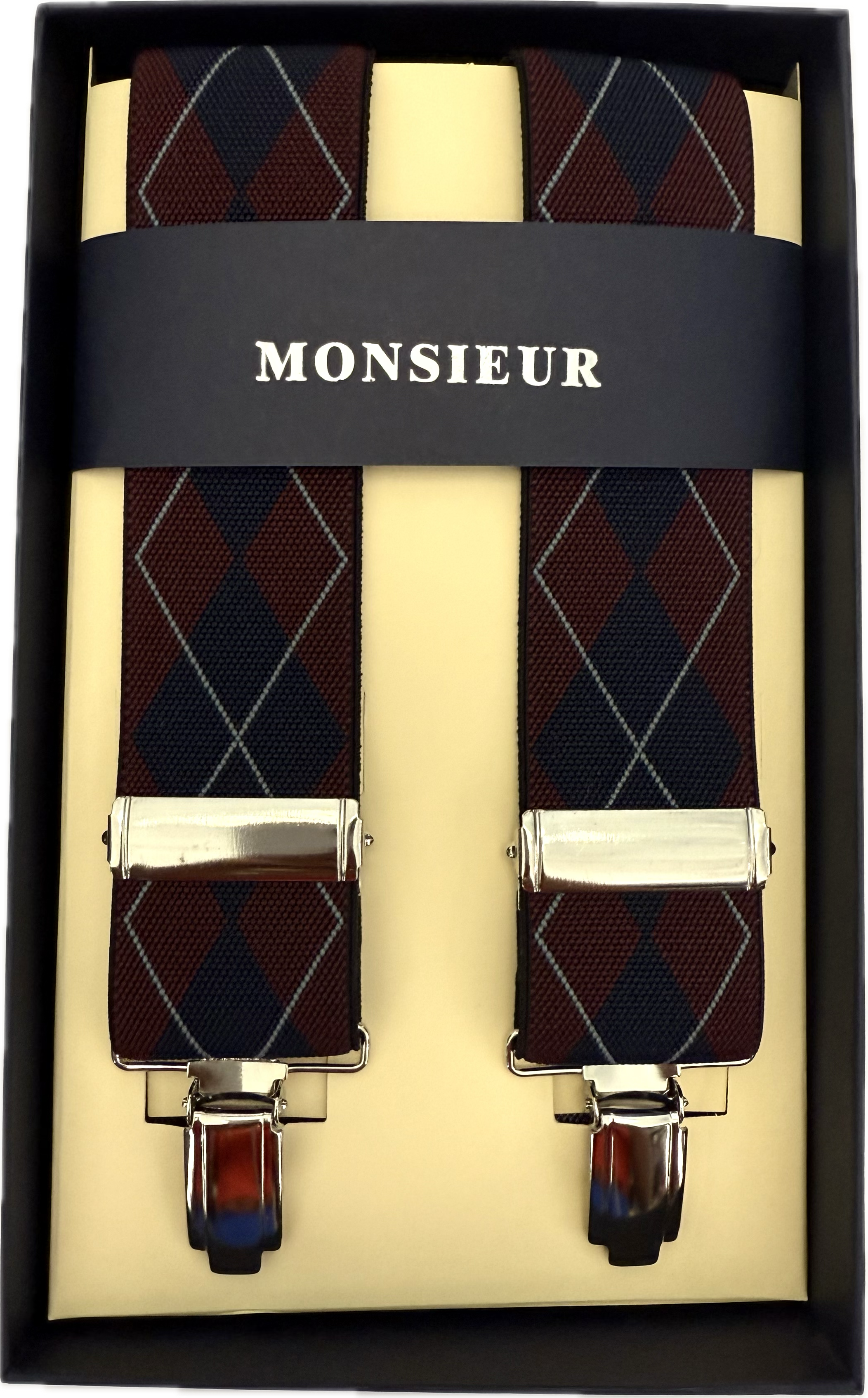 Bretelle elastico clip fantasia rombi bordeaux Monsieur