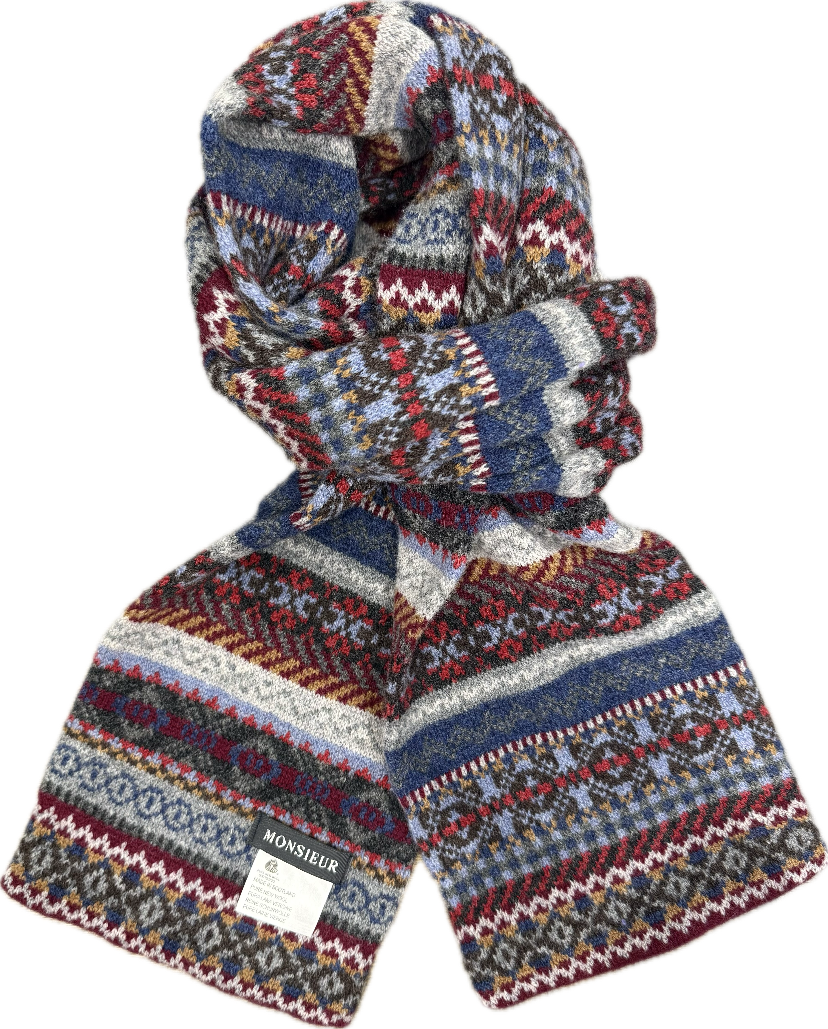 Sciarpa tubolare fair isle pura lana vergine blu grigia avio bordeaux Monsieur