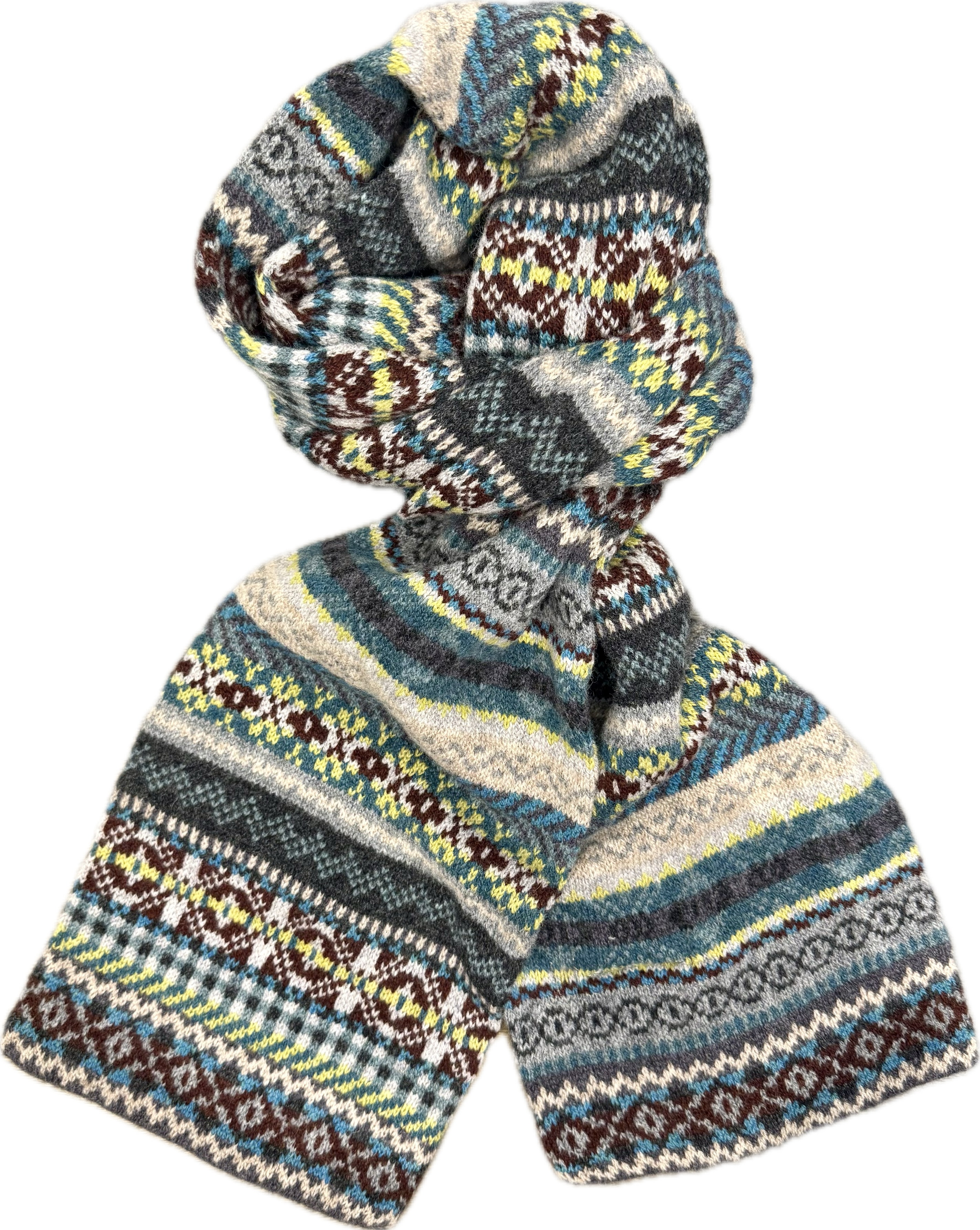 Sciarpa tubolare fair isle pura lana vergine grigia petrolio gialla avorio Monsieur