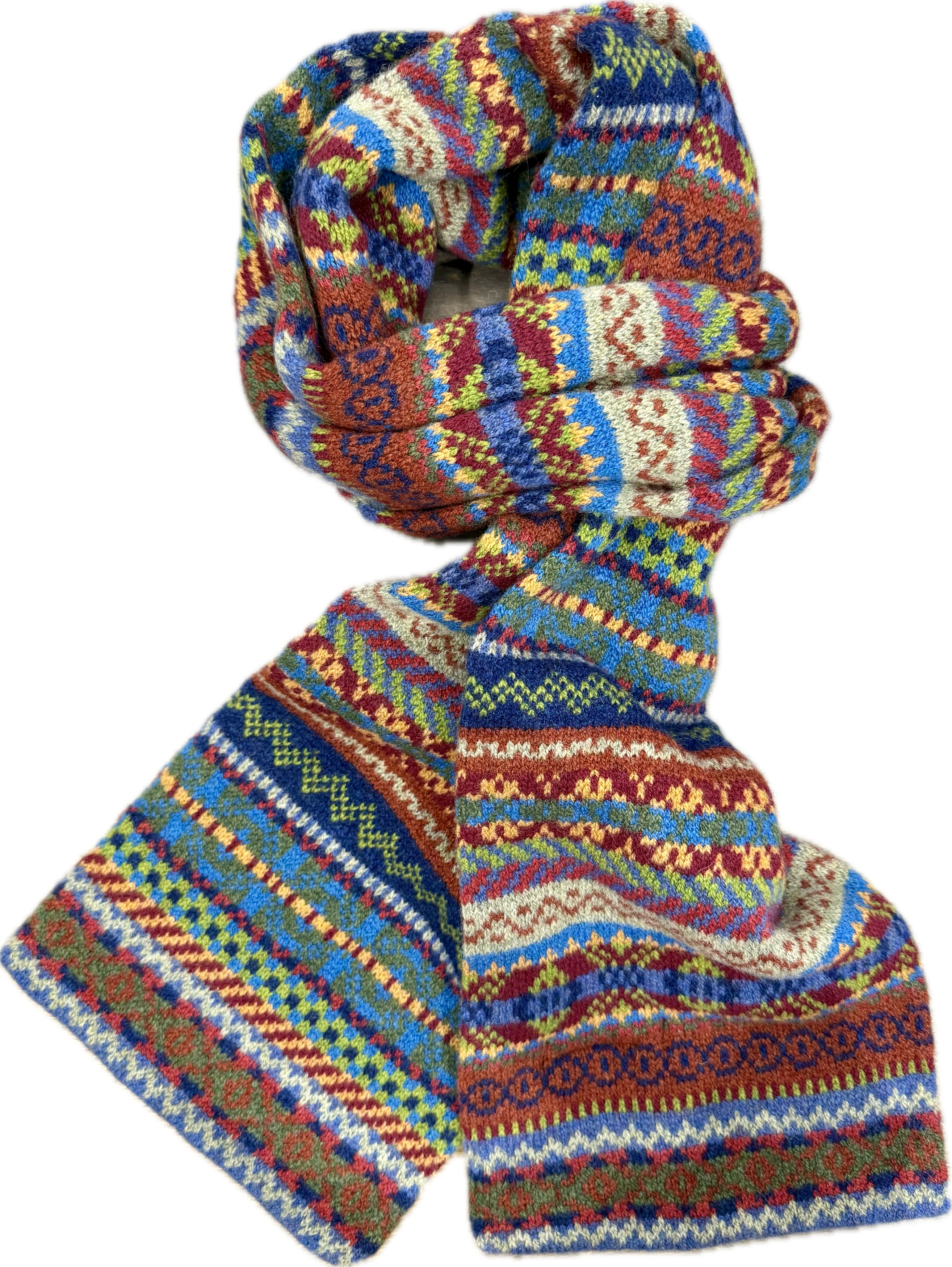 Sciarpa tubolare fair isle pura lana vergine blu mattone verde ocra Monsieur