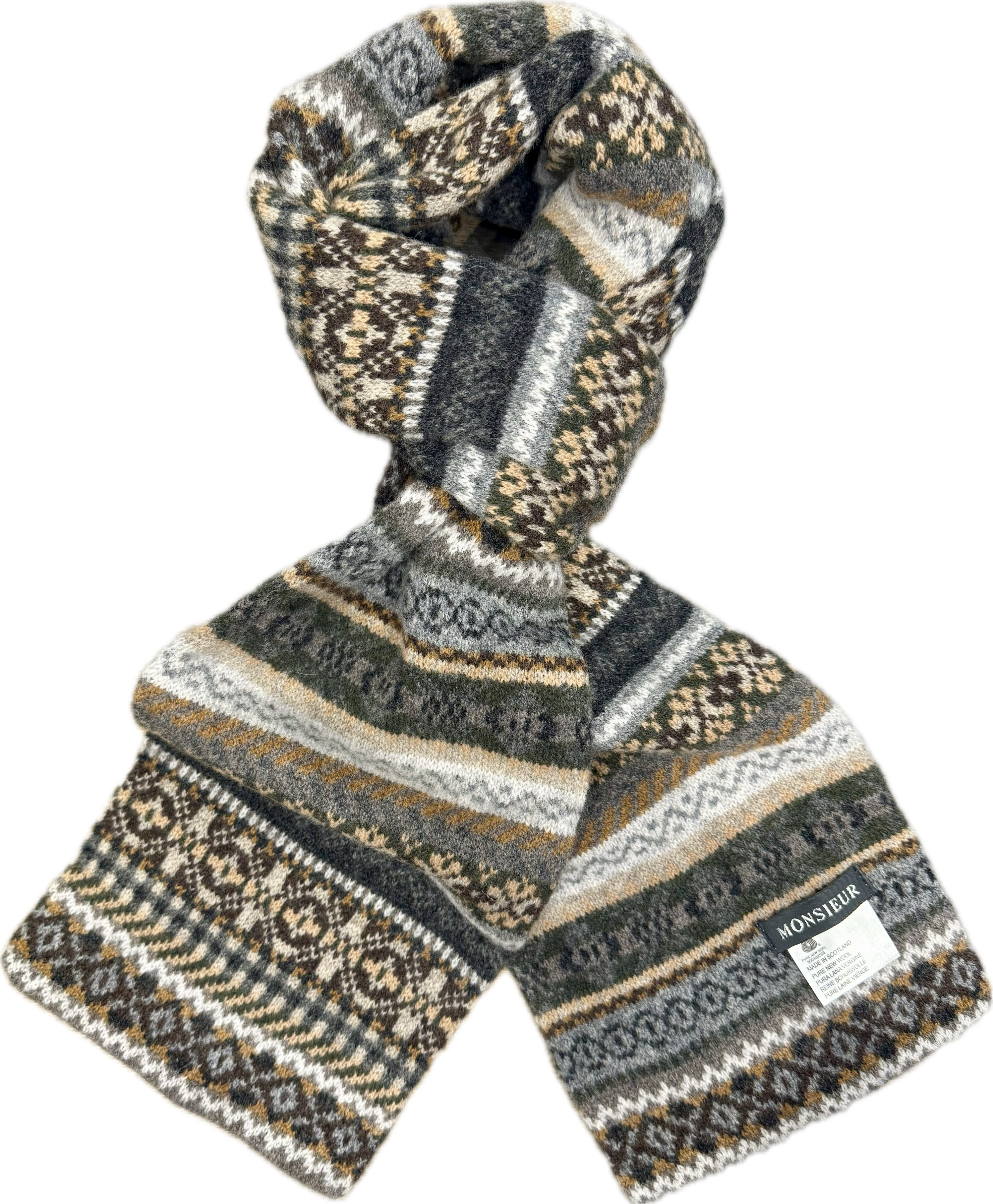 Sciarpa tubolare fair isle pura lana vergine grigia bianca beige moro Monsieur