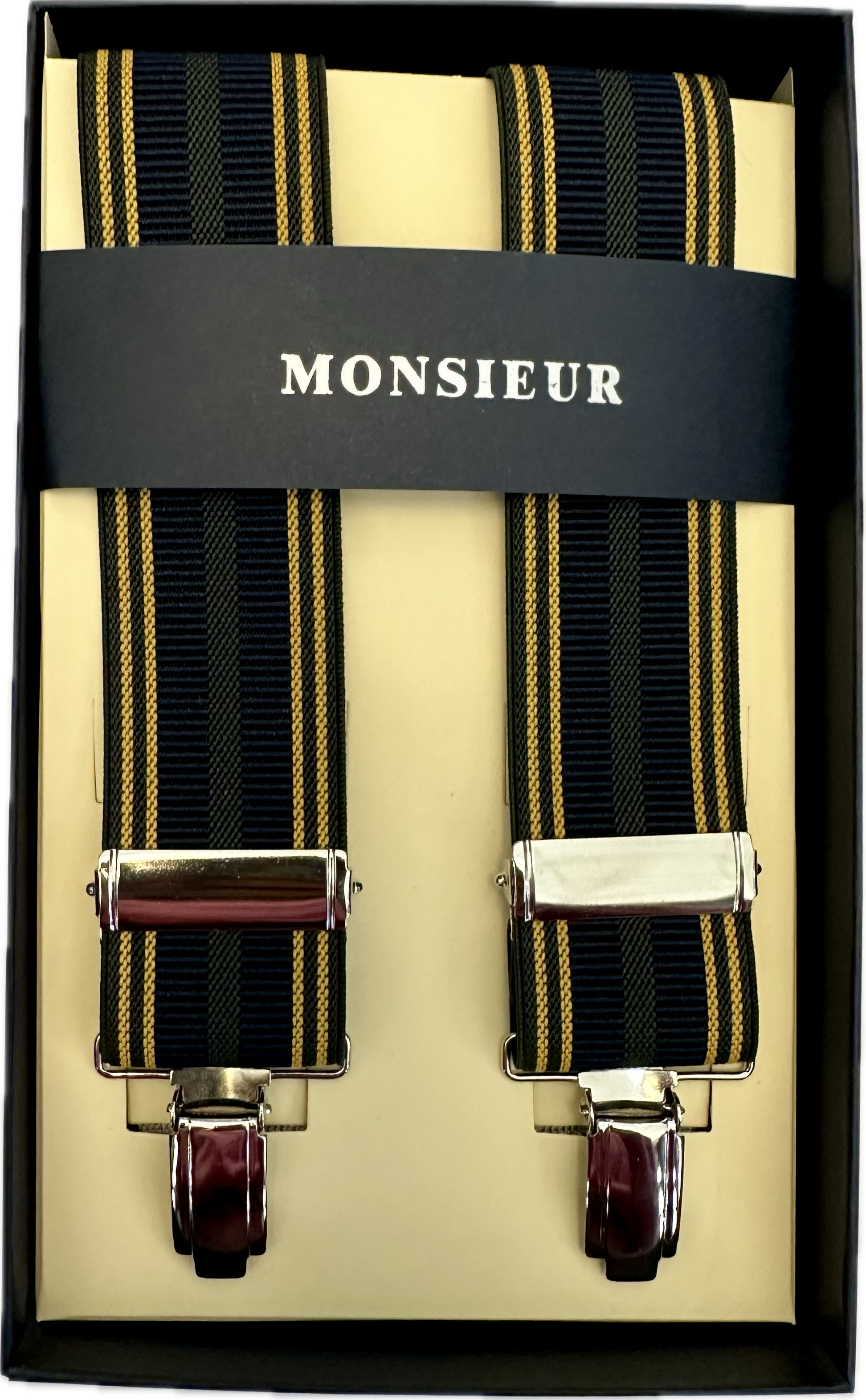 Bretelle elastico clip regimental blu verde gialla Monsieur