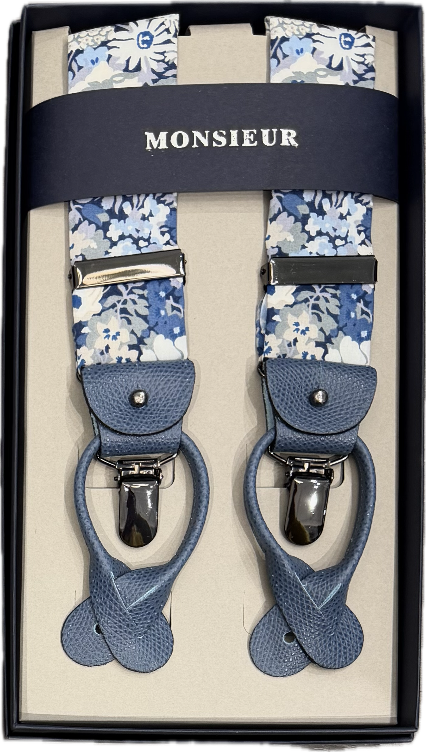 Bretelle cotone liberty bianca avio blu Monsieur