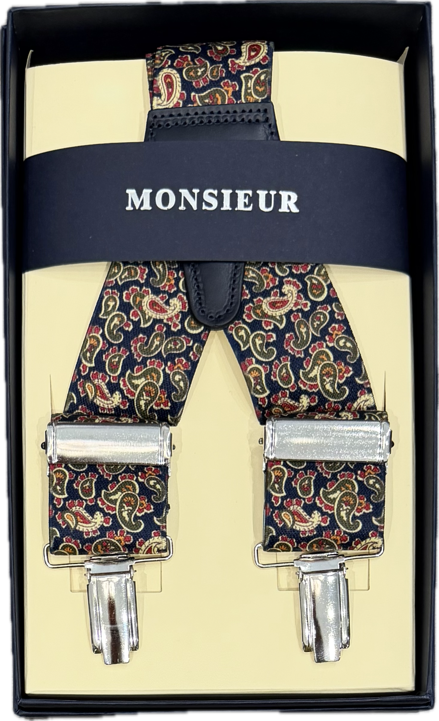 Bretelle elastico clip micro paisley blu Monsieur