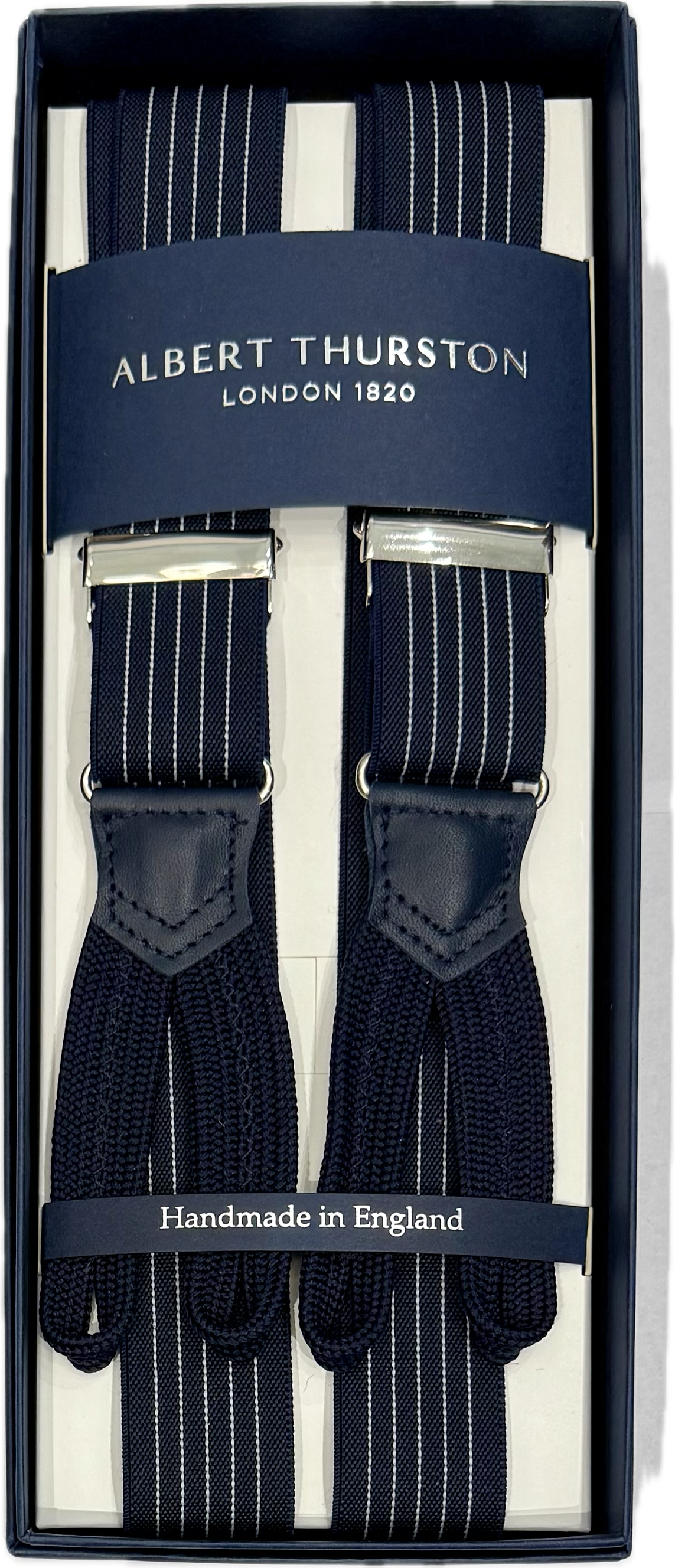 Bretelle elastico rigate navy strette Albert Thurston