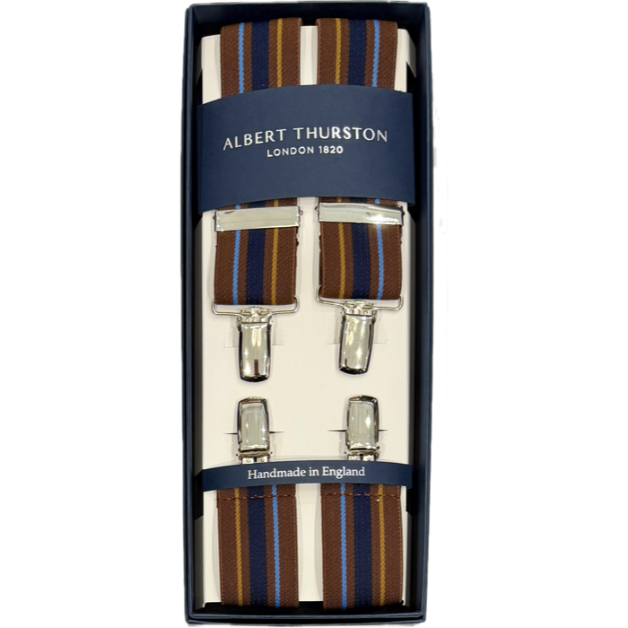 Bretelle elastico clip regimental marrone blu gold celeste Albert Thurston