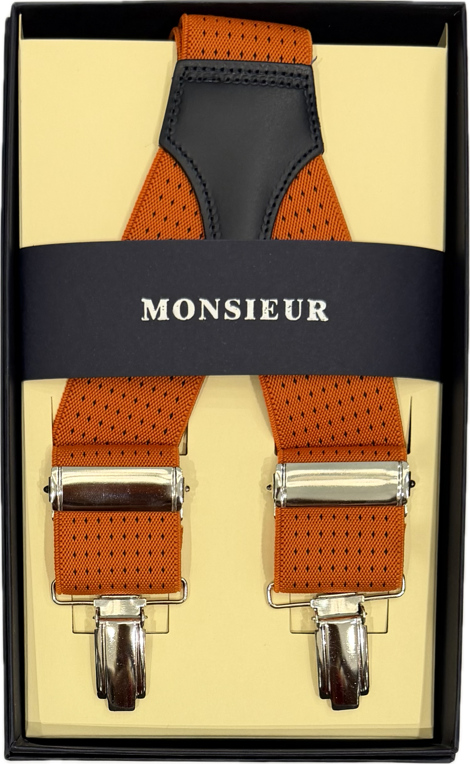 Bretelle elastico clip arancione pois blu Monsieur