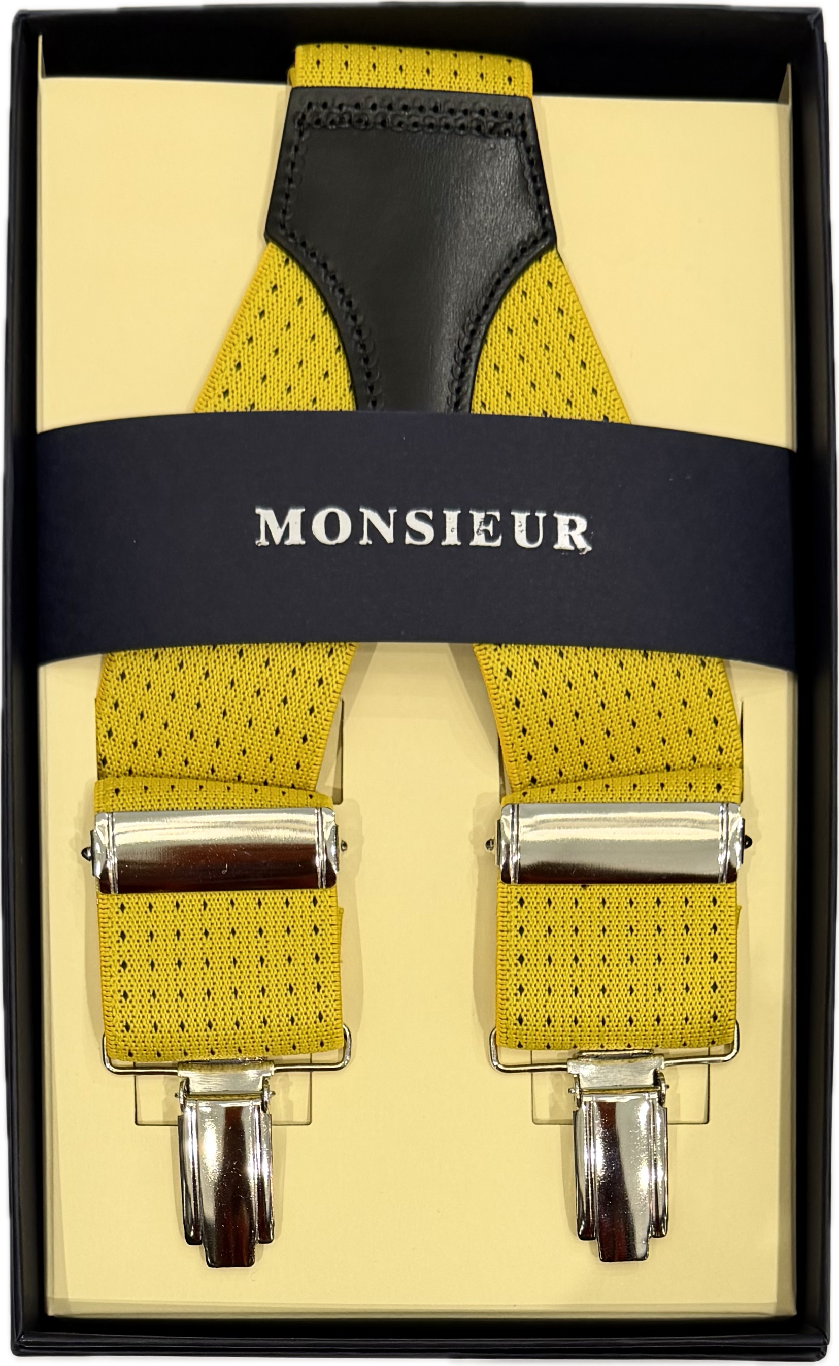Bretelle elastico clip gialla pois neri Monsieur
