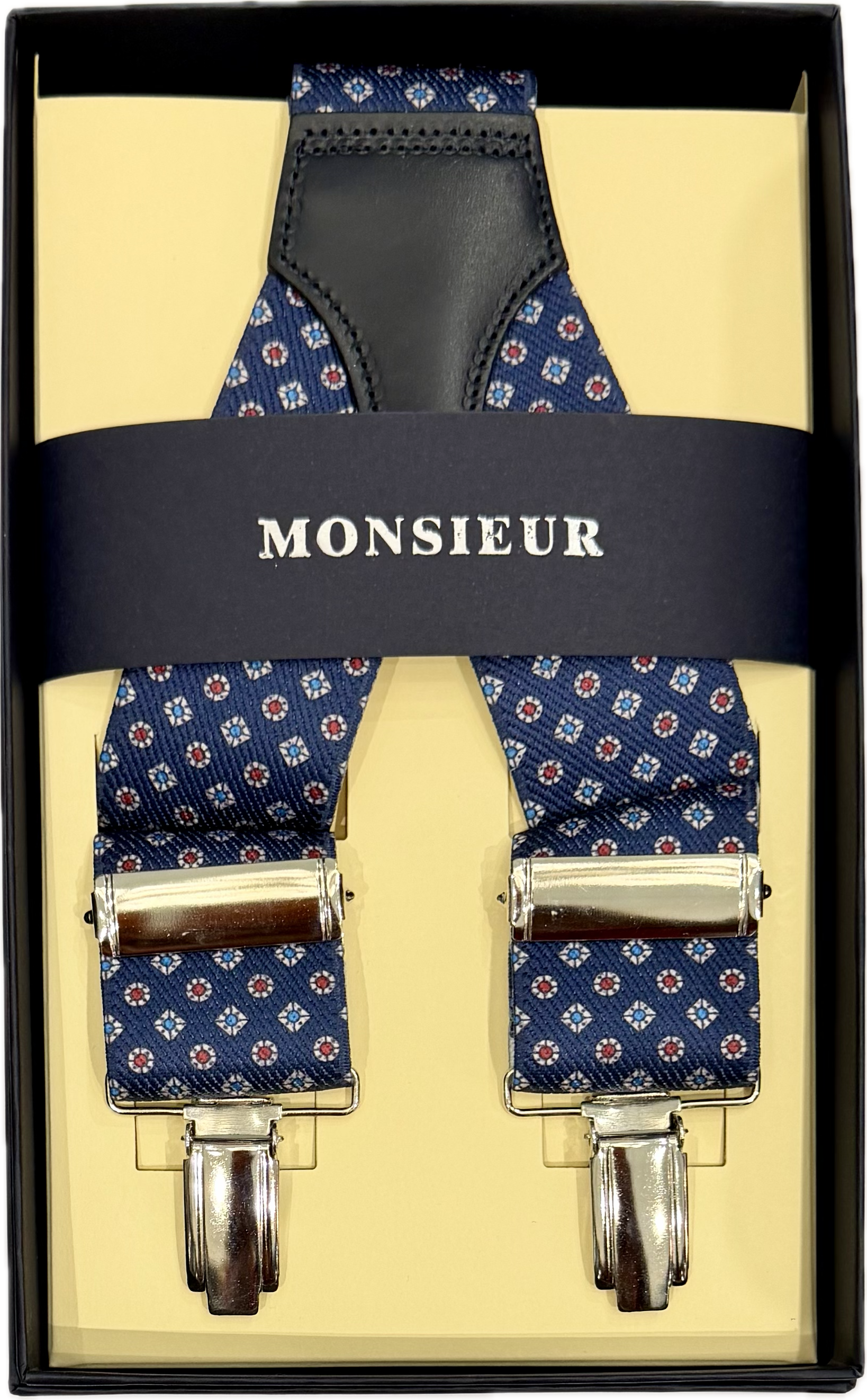 Bretelle elastico clip fantasia cravatta blu Monsieur