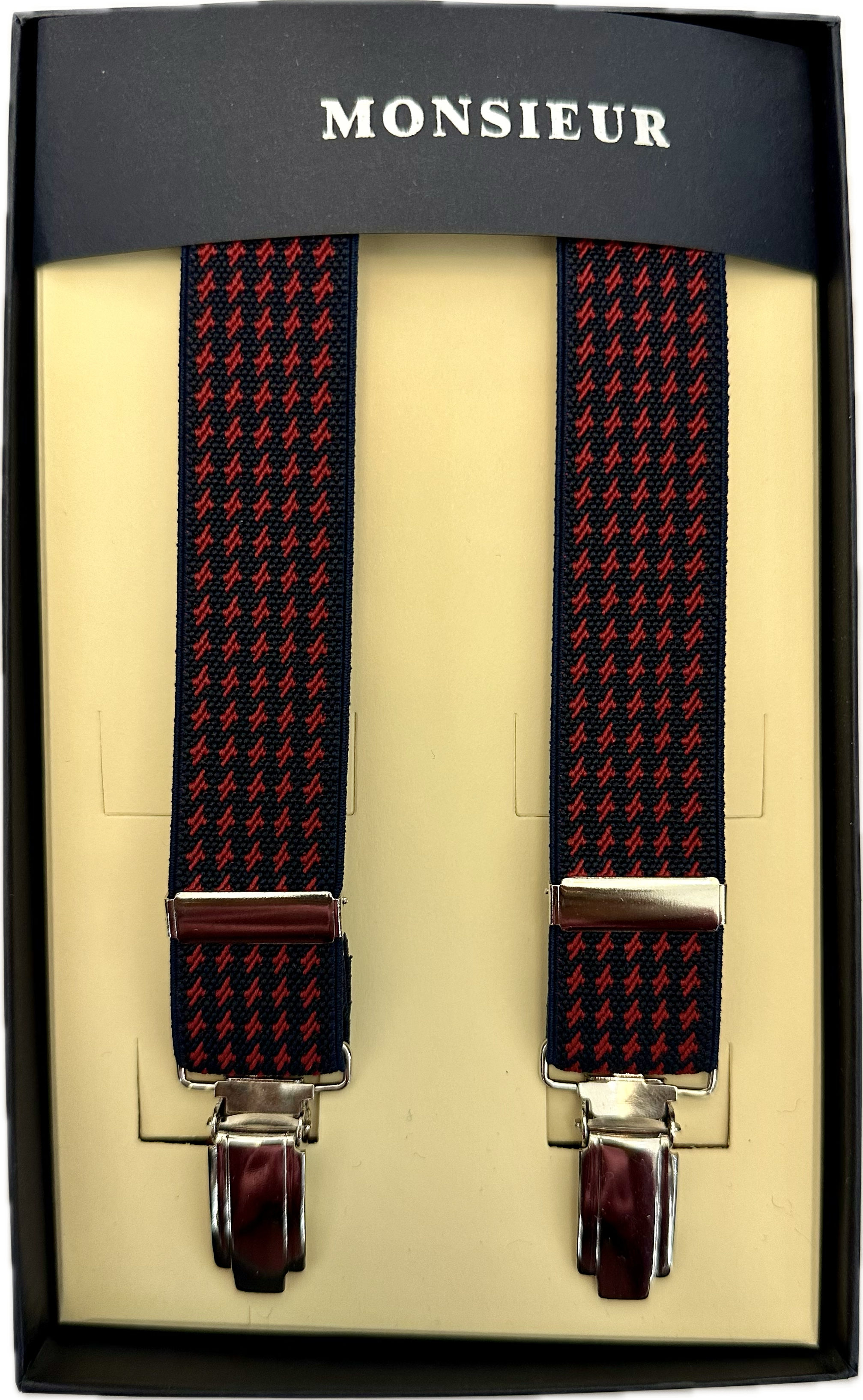 Bretelle elastico strette clip pied de poule rosso blu Monsieur