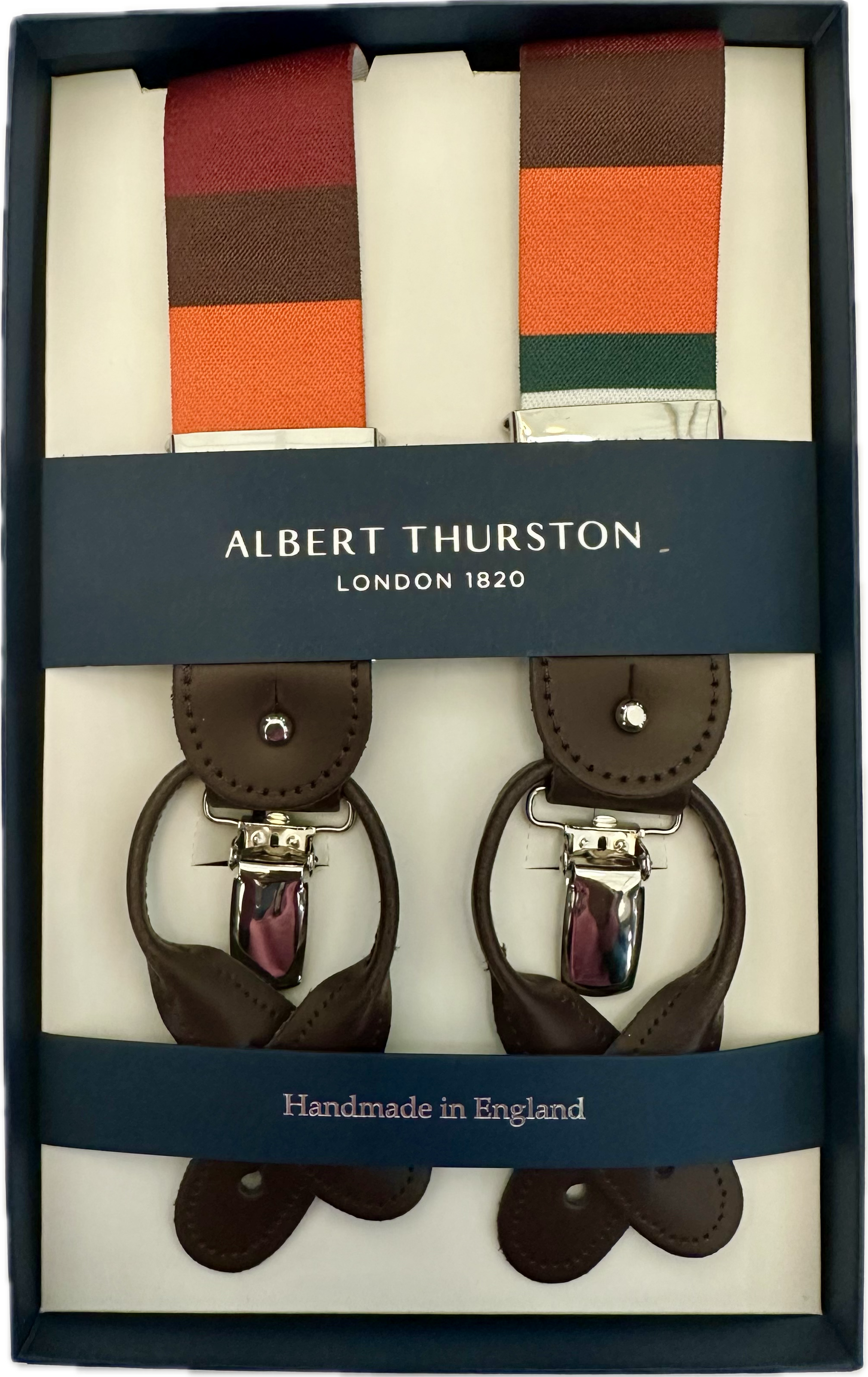 Bretelle elastico multi stripe arancione verde bordeaux moro Albert Thurston