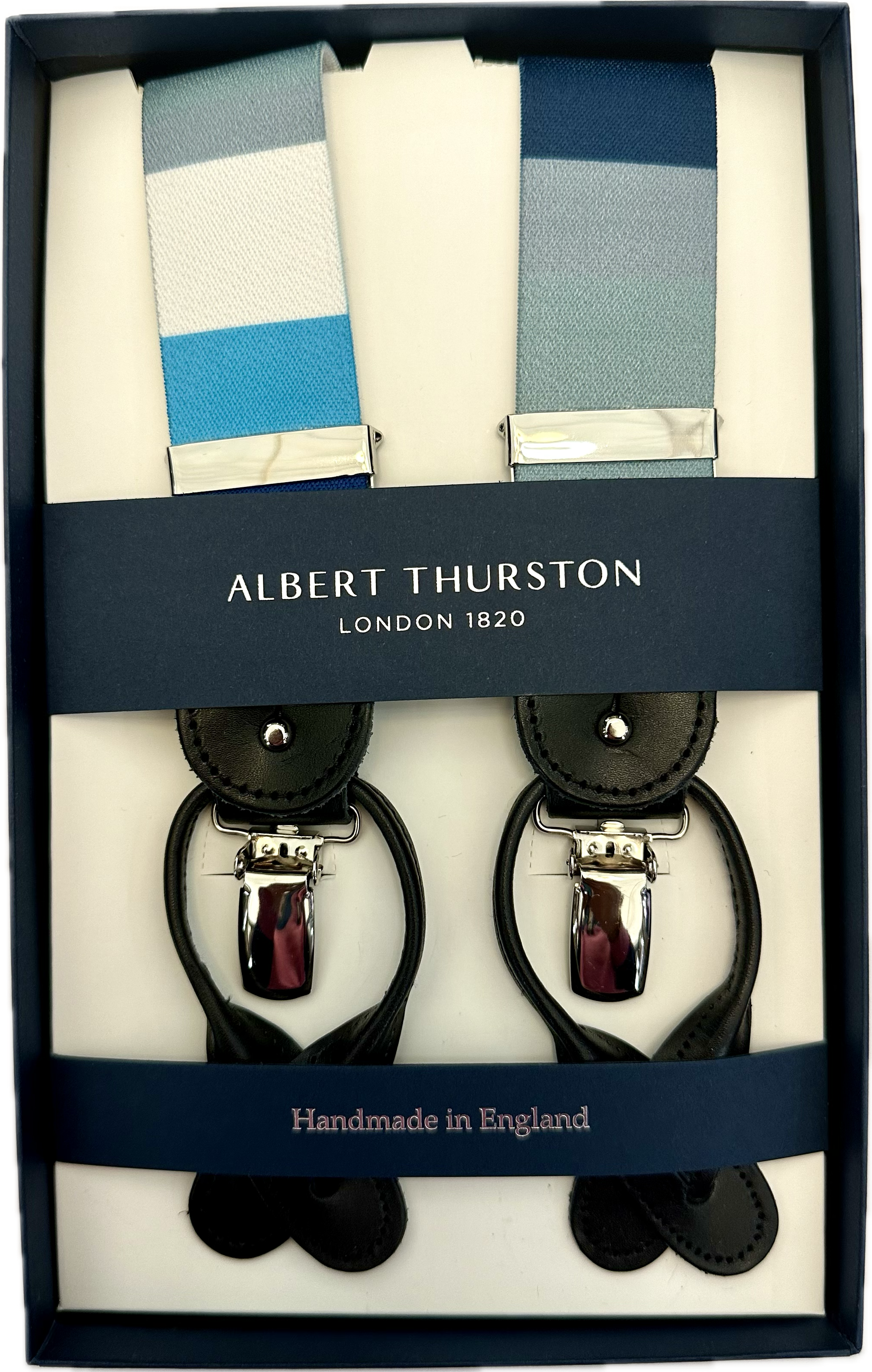 Bretelle elastico multi stripe turchese bianco blu celeste Albert Thurston