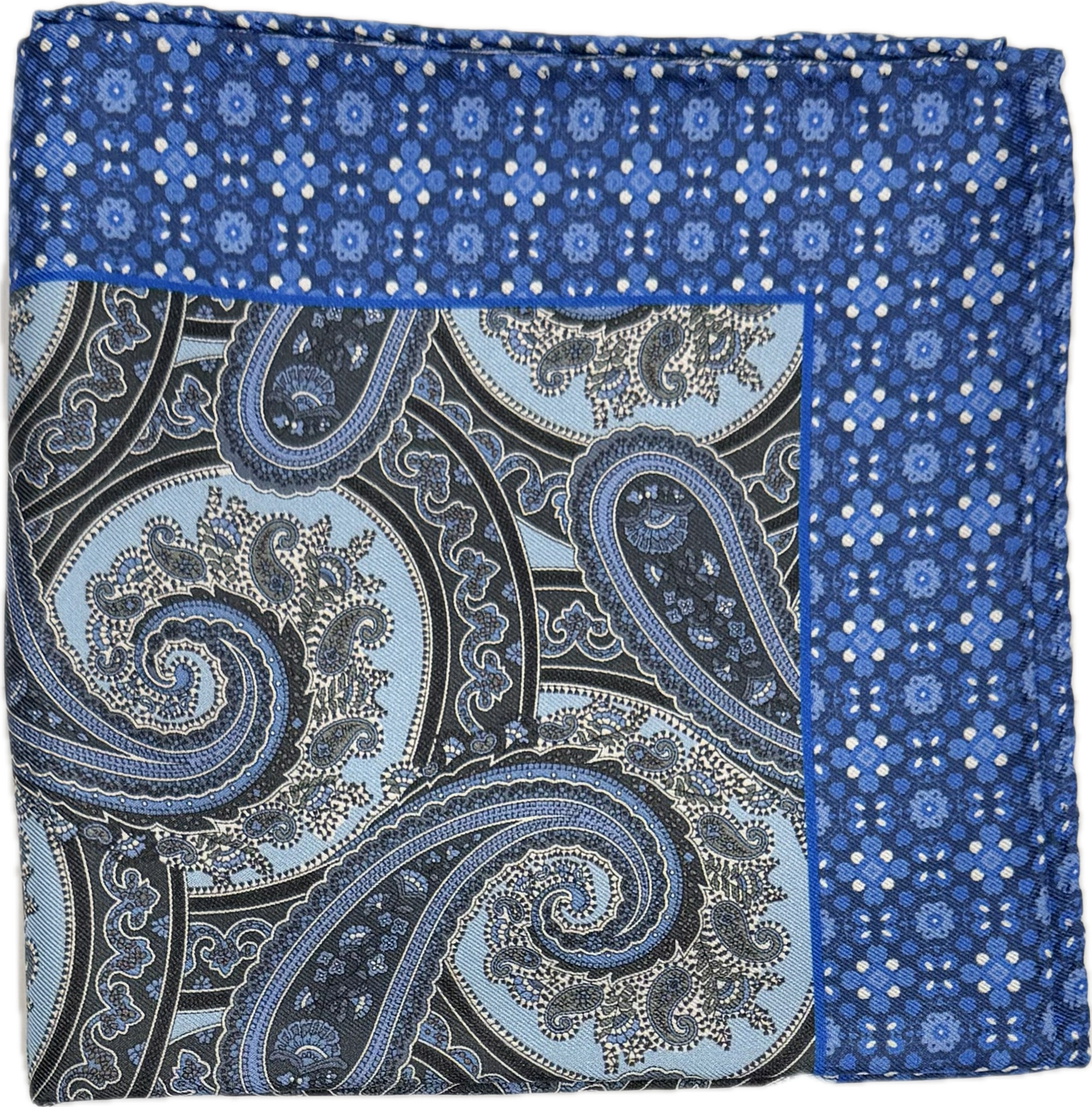 Pocket square seta fantasia paisley celeste grigia royal Monsieur