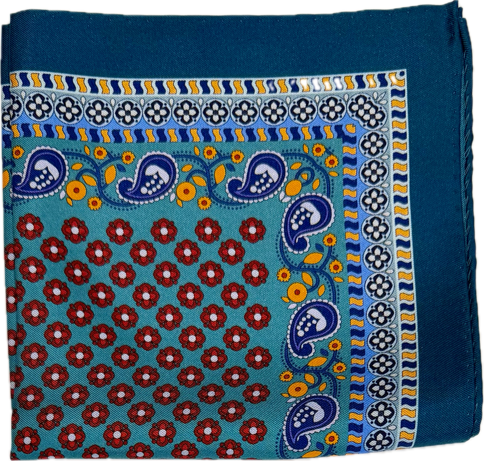 Pocket square seta fantasia geometrica ottanio rosso arancione Monsieur