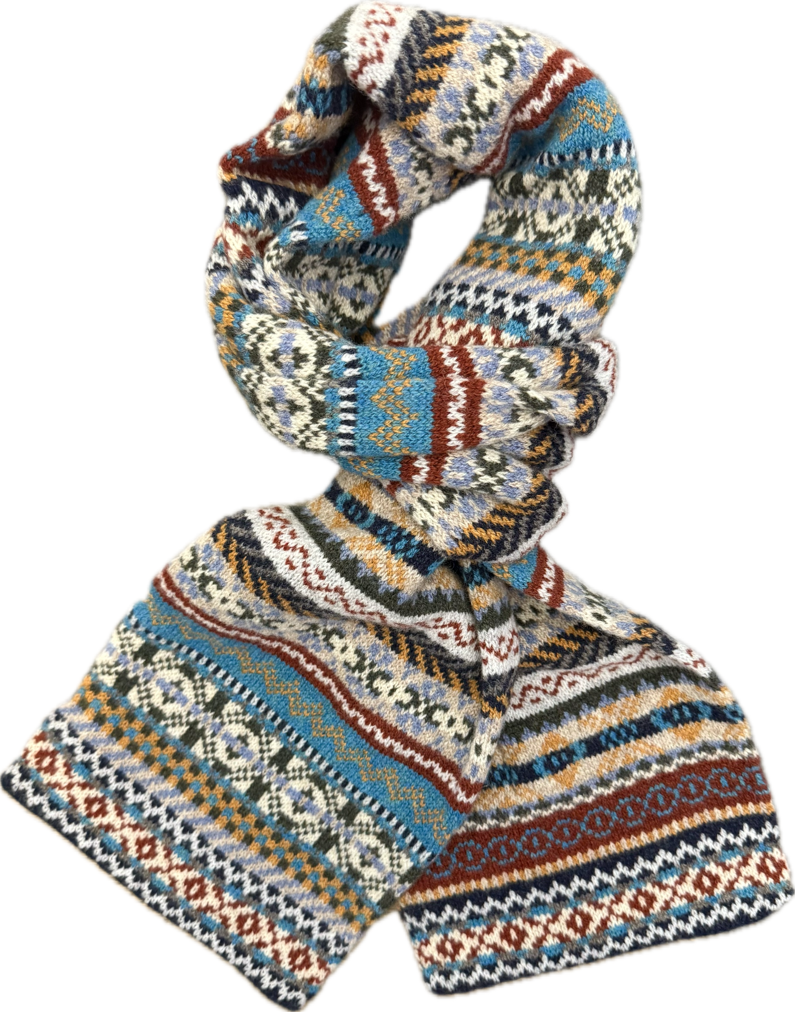 Sciarpa tubolare fair isle pura lana vergine mnaturale turchese gialla verde oliva Monsieur