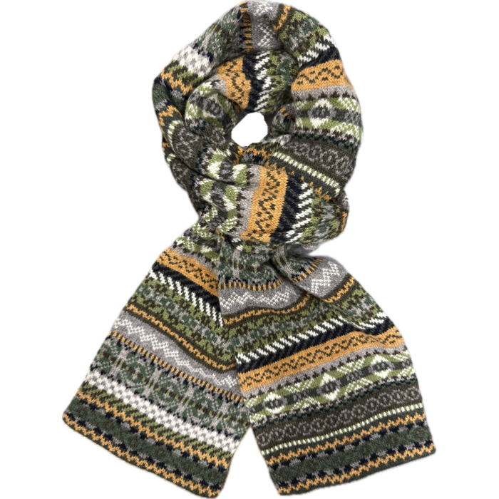 Sciarpa tubolare fair isle pura lana vergine verde oliva senape grigia Monsieur