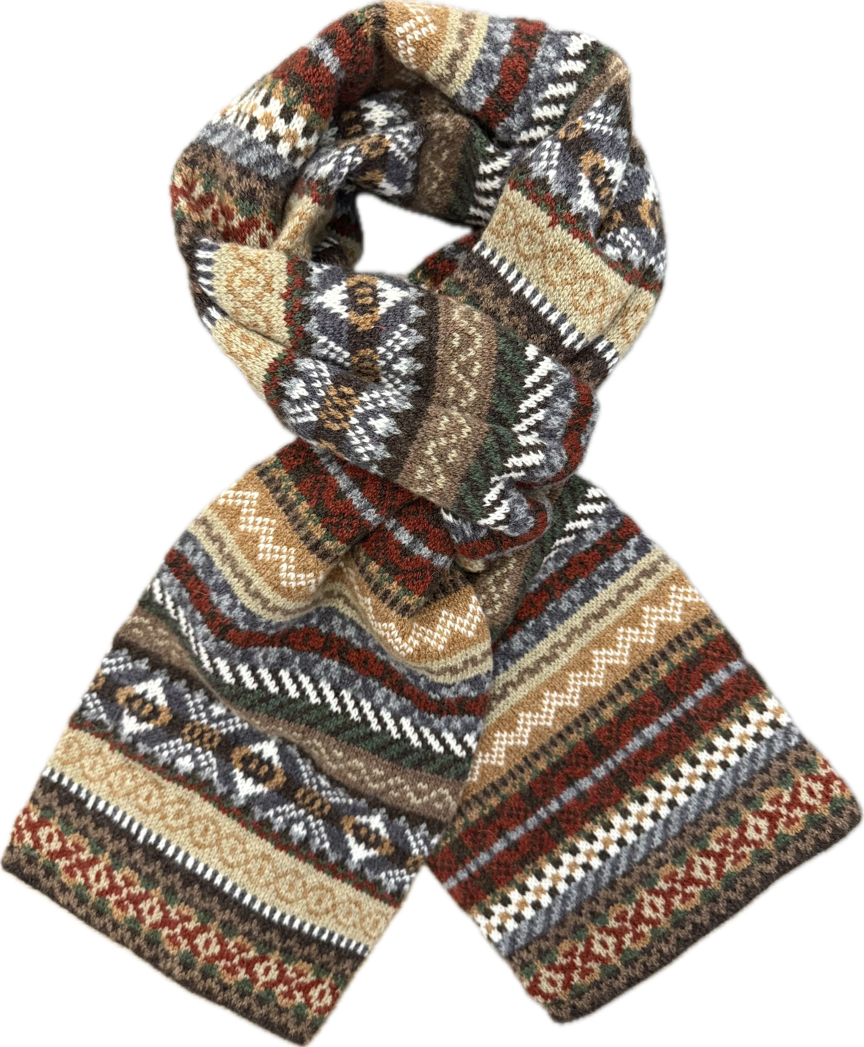 Sciarpa tubolare fair isle pura lana vergine marrone beige verde ruggine Monsieur