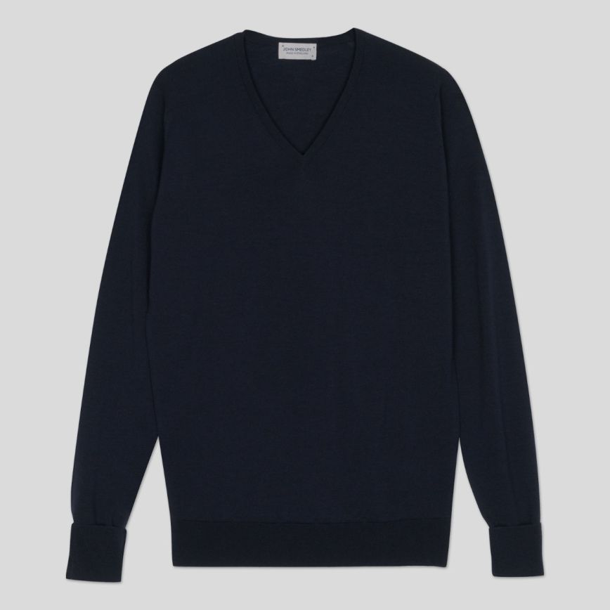 Girocollo Bobby a V extra fine merino wool midnight John Smedley