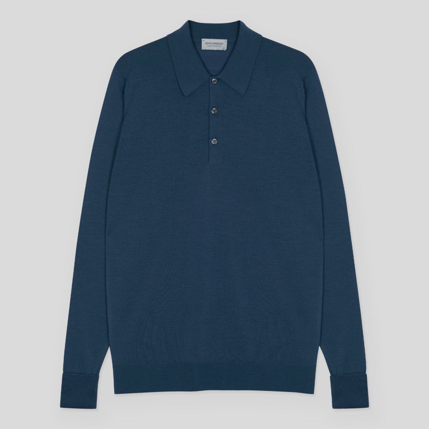 Polo dorset manica lunga extra fine merino wool Charles blue John Smedley