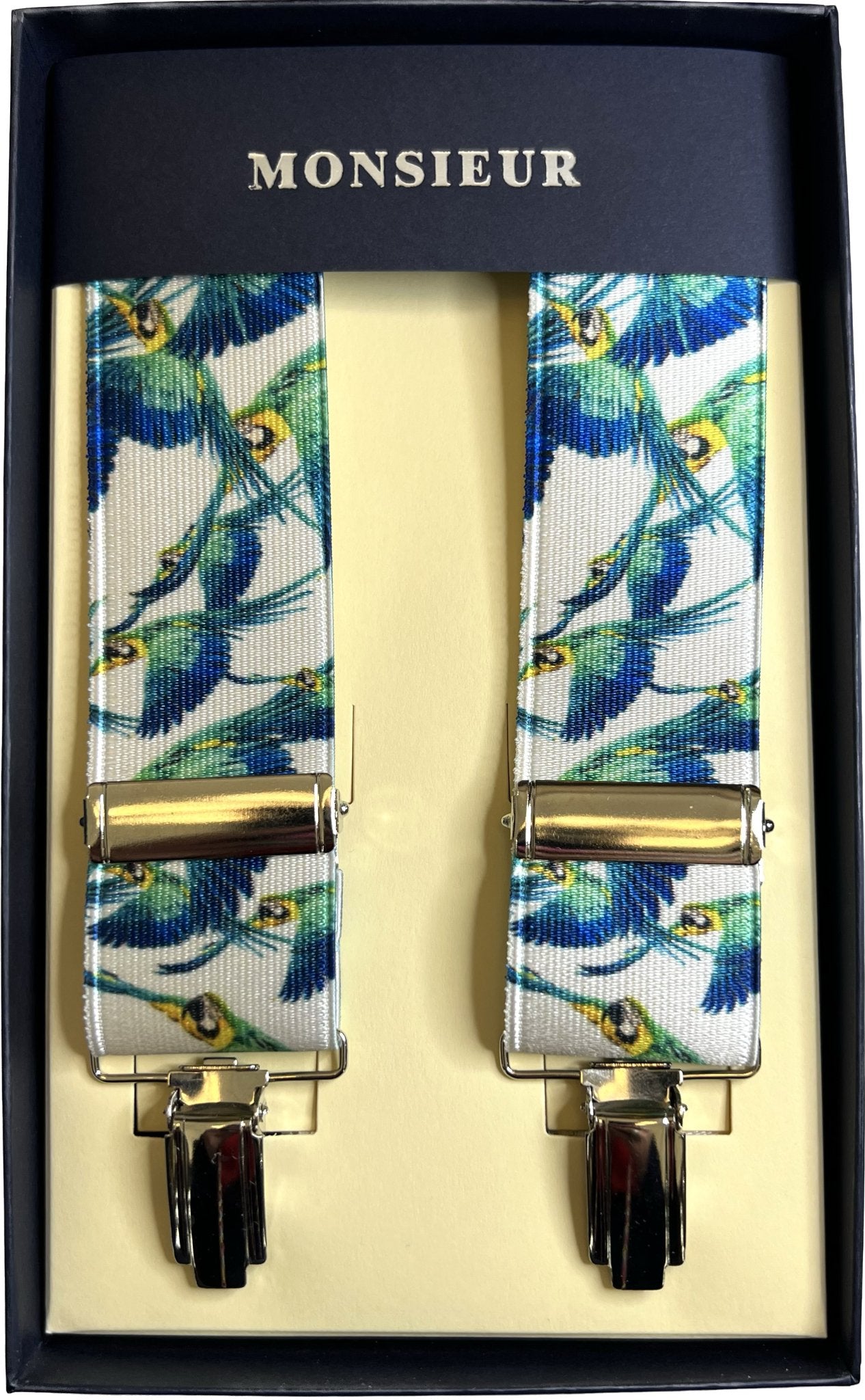 Bretelle elastico clip pappagalli bianco cobalto giallo Monsieur - MONSIEUR