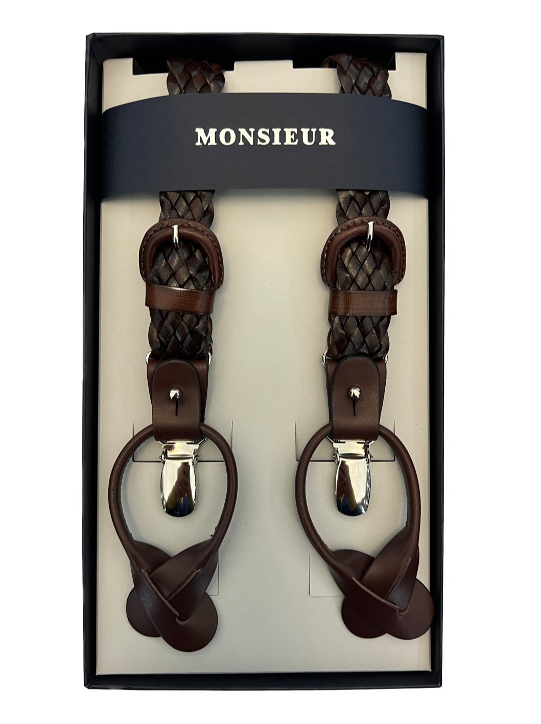 Bretelle strette pelle intrecciata moro Monsieur - MONSIEUR