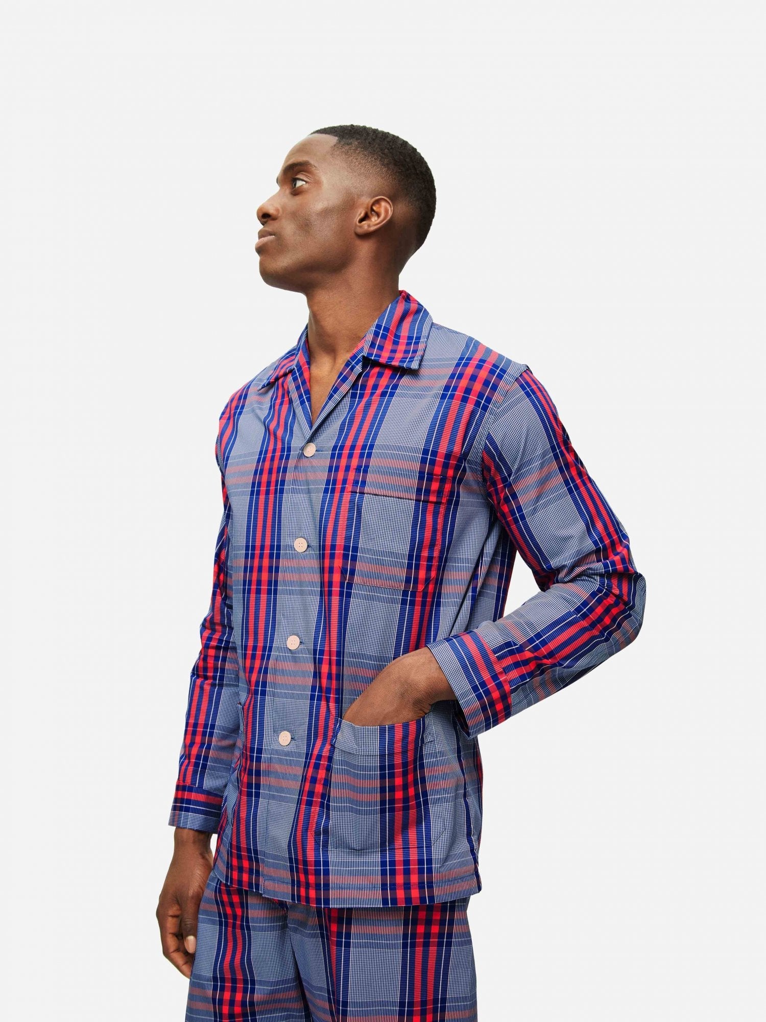 Pigiama lungo cotone check cobalto rosso Derek Rose - MONSIEUR