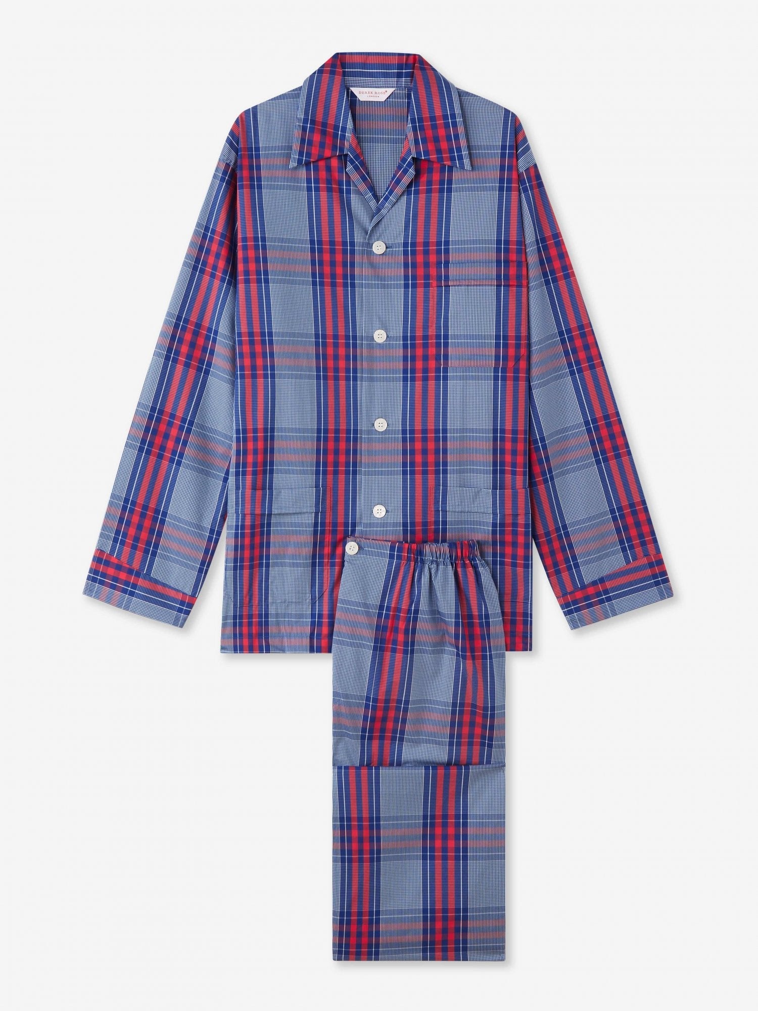 Pigiama lungo cotone check cobalto rosso Derek Rose - MONSIEUR